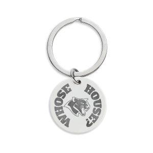 Round Stainless Steel Keychain — Engraved “Coog’s House / Whose House” Text with Hand Graphic